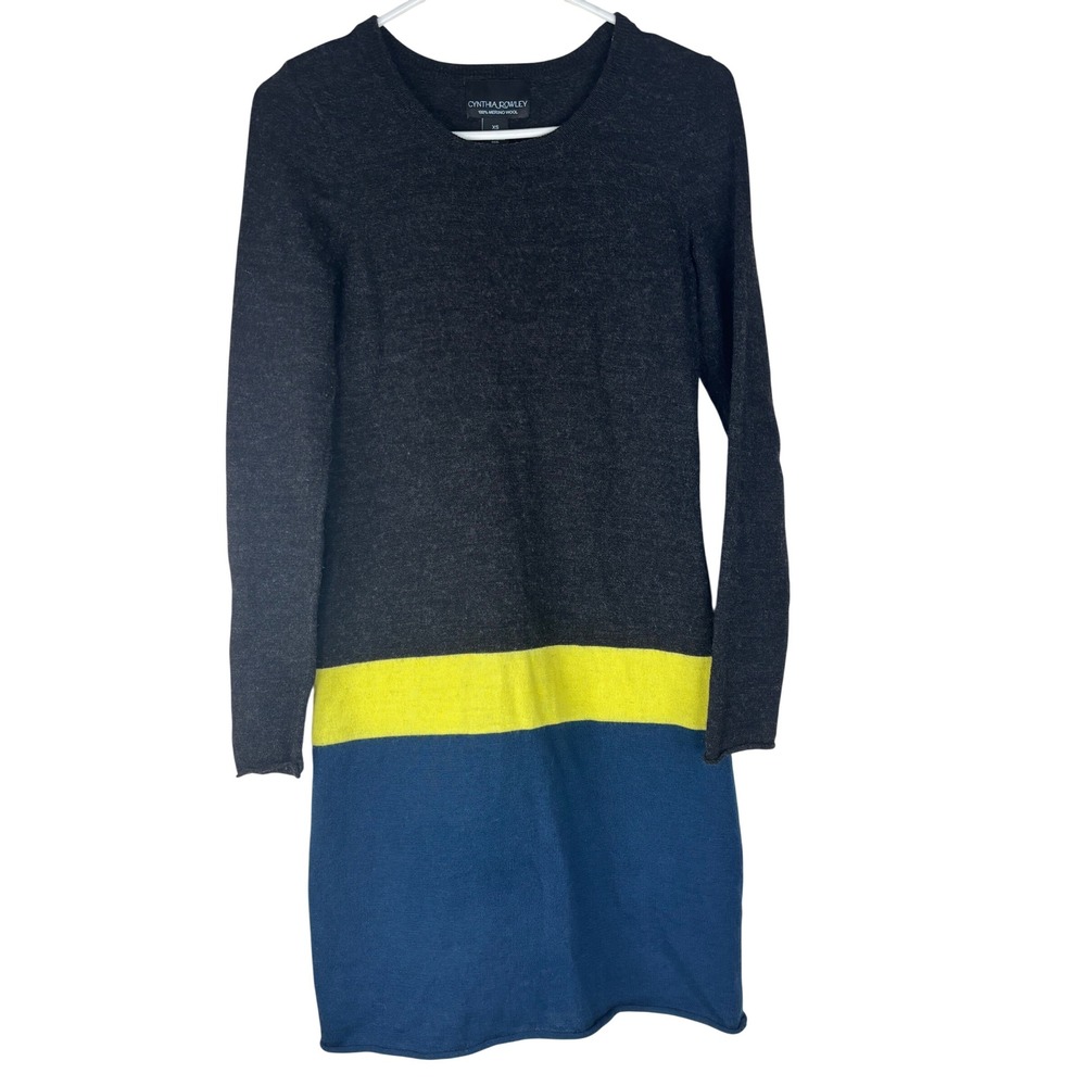 Cynthia Rowley Sweater Dress Womens XS Gray Blue Yellow Merino Wool Colorblock